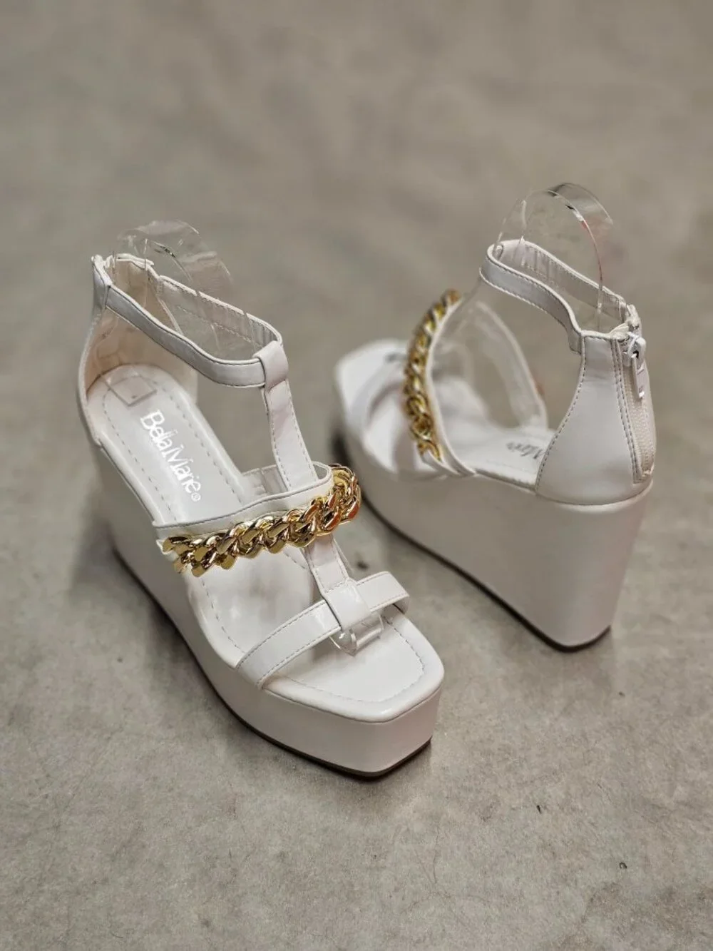 White Platform Wedge Sandals With Gold Chain Accent & Clear Straps By Bella Mari
